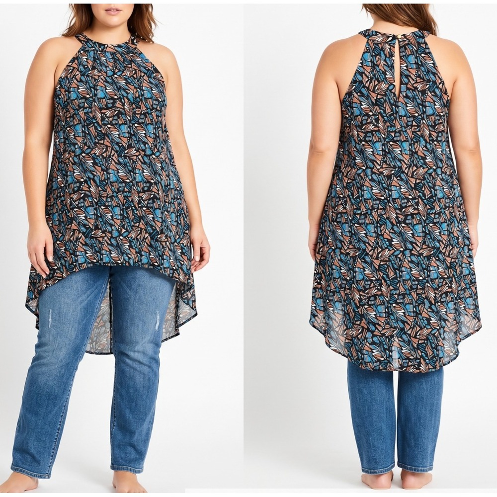CITY CHIC Size 18 Butterfly Plisse Pleated Chiffon Halter Top Hi-Lo Tunic Blouse